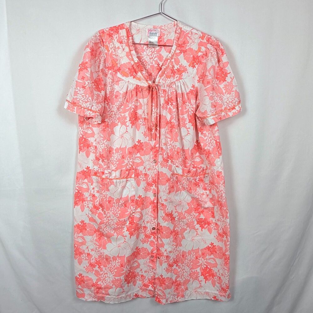 Bernette House Snap Front Robe Gown Size L Pink Floral Vintage Pockets